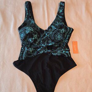 Lunabelle Black & Blue Turquoise One Piece Swimsuit w Floral Pattern XXL NEW NWT